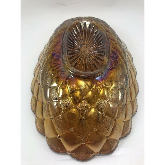 Imperial Pansy Marigold Carnival Glass Dish 8.5" Bowl Quilt Amber‎ Scallop Edge - Picture 10 of 12